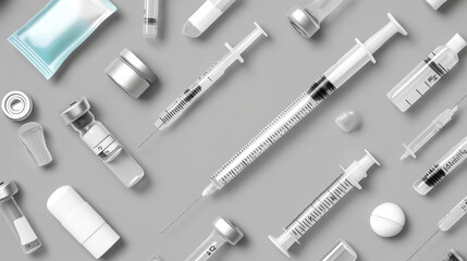 Medical supplies and equipment: syringes, vials, pills, and bandages on gray background
