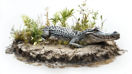 Fototapeta premium Spectacular Crocodile Resting on a Muddy Riverbank Island