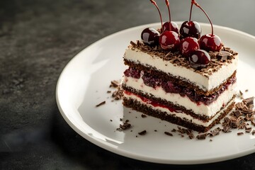 For&ecirc;t noire. Black Forest cake with chocolate sponge, whipped cream, cherries, and chocolate shavings, on a white plate on a sleek dark countertop