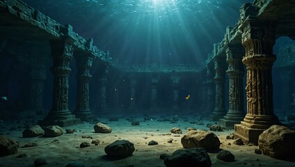 Archaeological exploration uncovering a lost palace beneath the sea.