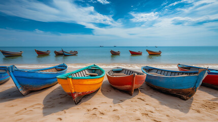 Obraz premium Colorful fishing boats on sandy beach, Tropical beach with fishing boats