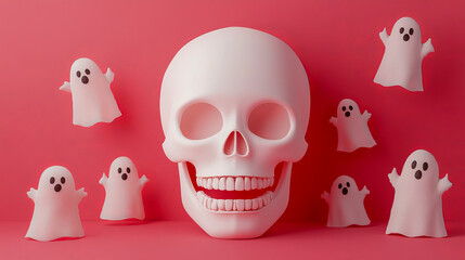 Obraz premium Pink skull and cute ghosts on a coral background: fun halloween concept