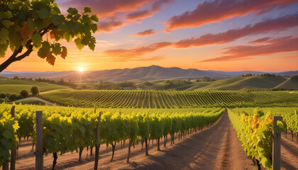 Naklejka premium A vineyard with lush grape vines in the foreground, set against a beautiful sunset landscape with rolling hills and a vibrant orange sky