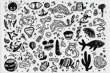 Fototapeta premium Playful doodle art with animals, objects, and sea creatures
