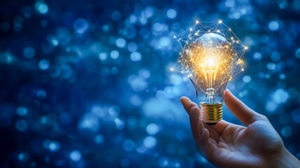 Innovative conceptual light bulb held by caucasian female hand with futuristic digital connections