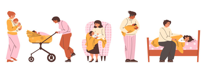 A vector collection of illustrations with mothers who carefully put their child to sleep