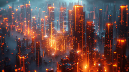 Fototapeta premium Futuristic Cityscape with Neon Lights and Fog