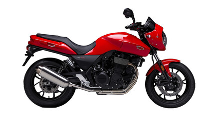 Sleek red motorcycle side view on transparent background