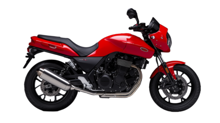 Sleek red motorcycle side view on transparent background