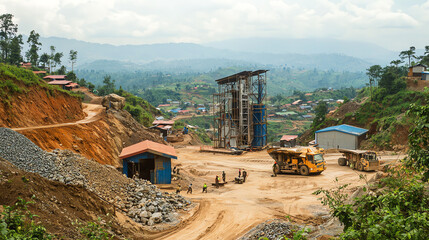 Cobalt extraction in Congolese mine with workers and heavy machinery at the site