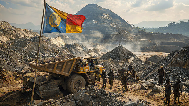 Workers extract cobalt in Congolese mine with vibrant flag waving amidst rocky landscape