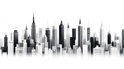 Monochrome illustration of a modern city skyline with various skyscraper designs on a white background highlighting urban architecture.