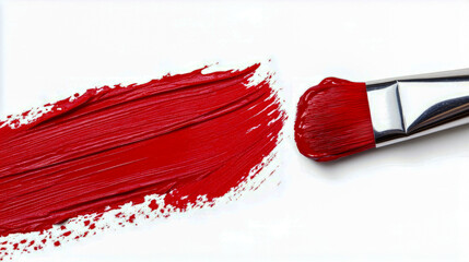 Bright red paint stroke with brush on white background