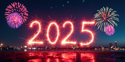Celebrate the New Year with this vibrant fireworks display greeting 2025, perfect for festive invitations, social media posts, and promotional materials.