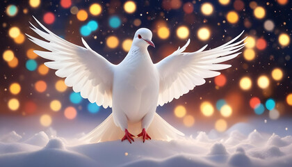 Obraz premium A white dove perched on a snowy surface, with a blurred background of soft, glowing lights, creating a serene and peaceful winter scene