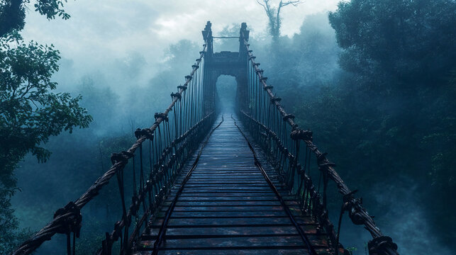 Misty suspended bridge in lush forest on a foggy day
