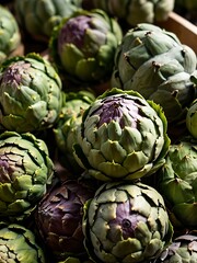 Obraz premium Artichokes at a farmer's market showcasing their texture.