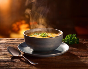 Un bol de barro con sopa caliente sobre una mesa de madera