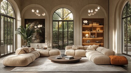 Luxurious living room with modular sofa, large windows, and stylish decor.