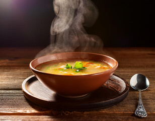 Un bol de barro con sopa caliente sobre una mesa de madera