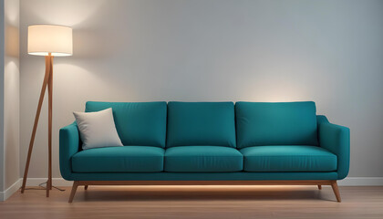 A white modern sofa with wooden legs in a minimalist room with a plain white wall