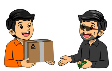 cartoon characters of two men making a transaction