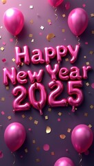 Celebrate the New Year 2025 with a vibrant and festive background featuring pink balloons and shiny decorations, perfect for invitations and party promotions.