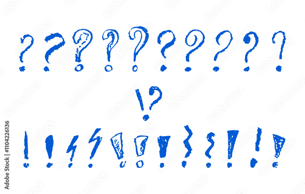Fototapete exclamation and question marks symbols set. blue crayon hand written signs. doodle icons collection 