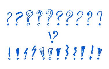 Exclamation and question marks symbols set. Blue crayon hand written signs. Doodle icons collection for speech bubble emphasis important or danger warning text. Vector graffiti or sketch style marks