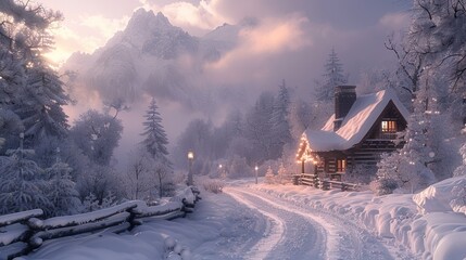 Enchanting winter landscape featuring a cozy cabin amidst snow-covered mountains at sunset. Generative AI