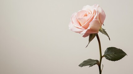 A single soft pink rose against a light taupe background, close-up shot, Minimalist style