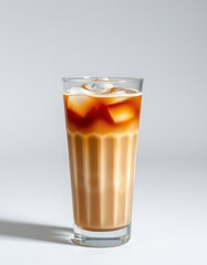 Refreshing iced coffee in a tall glass with creamy layers and ice cubes for a cool beverage experience