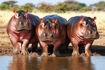 Hippos enjoying a sunny day at a muddy watering hole in the savanna