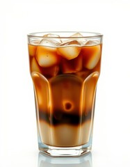 Refreshing iced coffee drink served in a clear glass filled with ice cubes on a plain background