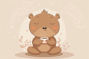 A cute bear enjoying a warm drink, radiating calmness and comfort.