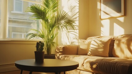 Cozy Living Room with Sunlight and Green Plants for a Relaxing Atmosphere