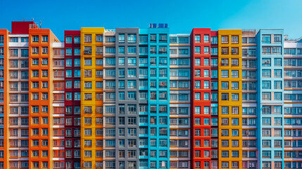 Colorful multistory apartment building against blue sky