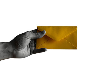 A hand holding a yellow envelope, symbolizing communication and correspondence, ideal for mail-related concepts.