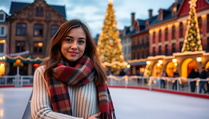 Festive Young Woman at Christmas Market Ice Rink with Holiday Lights