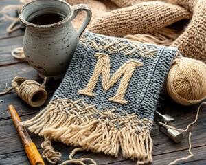 Elegant personalized handkerchief with embroidered letter M on a vintage wooden table with sewing accessories