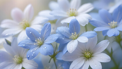 Obraz premium Delicate blue and white flowers with soft, blurred backgrounds, creating a serene and calming atmosphere