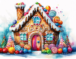 A whimsical gingerbread house adorned with colorful candies and sweets, surrounded by a winter wonderland
