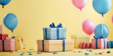 Colorful Festive Backdrop With Balloons And a Pile Of Presents, Copy Space, Greeting Card Concept, For Birthday Party
