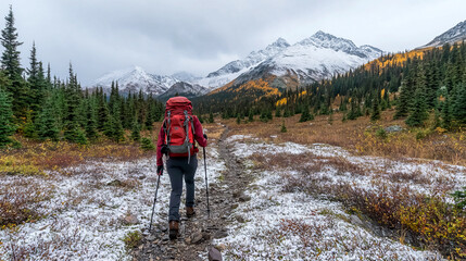 Naklejka premium Young female hiker in snowy mountain landscape with autumn foliage