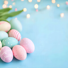 Obraz premium Close-up view, easter colorful eggs on a blue isolated background. For design, banner, poster, menu, print, poster, etsy, postcard, linkedin, presentation. Copy space for text