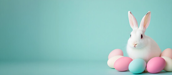 Obraz premium Cute Easter rabbit with colorful eggs on a blue isolated background. For, banner, design, banner, poster, menu, print, poster, etsy, postcard, linkedin, presentation. Copy space for text