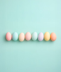 Top view easter colorful eggs on pastel green background.  For design, banner, poster, menu, print, poster, etsy, postcard, linkedin, presentation. Copy space for text