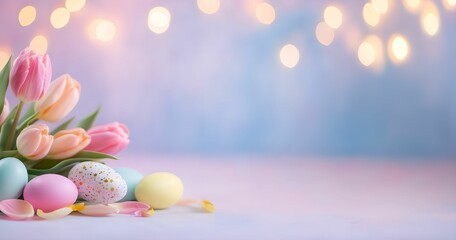 Front view, easter colorful eggs and flowers on a light violet background. For design, banner, poster, menu, print, poster, etsy, postcard, linkedin, presentation. Copy space for text