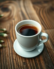 Warm cup of coffee resting on a rustic wooden table with a cozy atmosphere in a cafe setting during the afternoon