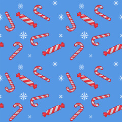 Candy cane pattern in pixel art. Christmas treats on blue background. Traditional red and white xmas and new year lollipop. Striped candies on snow backdrop or print.
